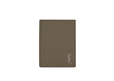 Pre-owned Saint Laurent Tiny Cassandre Credit Card Wallet In Grained Leather In Dark Khaki