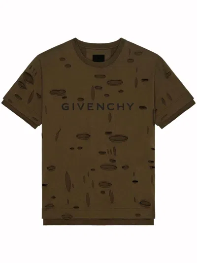 Pre-owned Givenchy Men's  2 Layers Classic Fit Hole T-shirt In Khaki In Brown