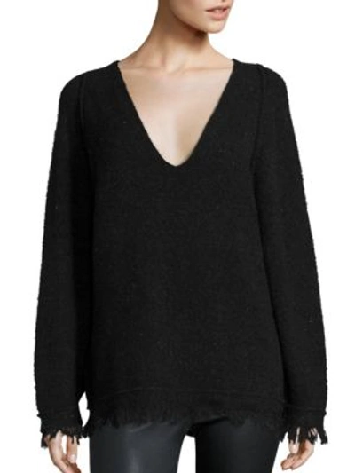 Free People Irresistible V-neck Frayed Sweater In Black