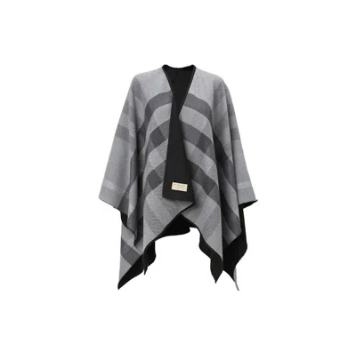 Pre-owned Burberry Reversible Check Merino Wool Poncho Scarf In Black/grey In Multi