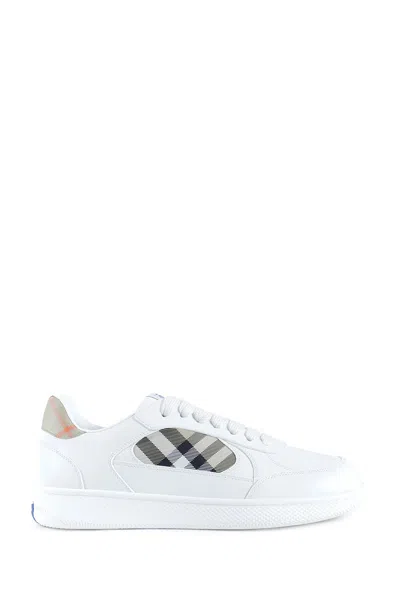 Burberry Men Low-top Leather Sneakers With Check Inserts In White