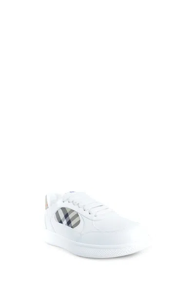 Burberry Men Low-top Leather Sneakers With Check Inserts In White