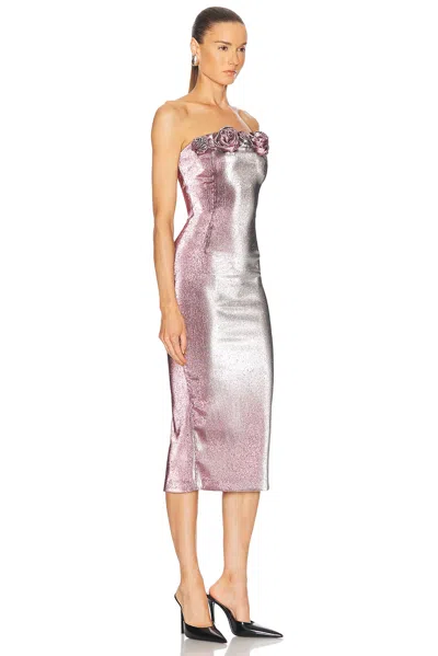 Area Strapless Lame Rosette Midi Dress In Pink