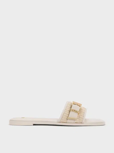 Charles & Keith - Whitney Leather & Raffia Buckled Slide Sandals