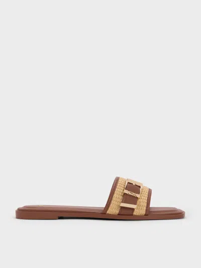 Charles & Keith - Whitney Leather & Raffia Buckled Slide Sandals