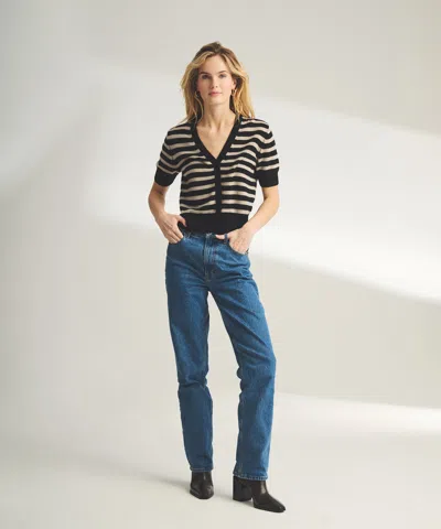 Naadam Lightweight Cashmere Striped Short Sleeve Cardigan In Black