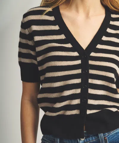 Naadam Lightweight Cashmere Striped Short Sleeve Cardigan In Black