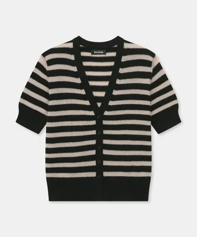Naadam Lightweight Cashmere Striped Short Sleeve Cardigan In Black