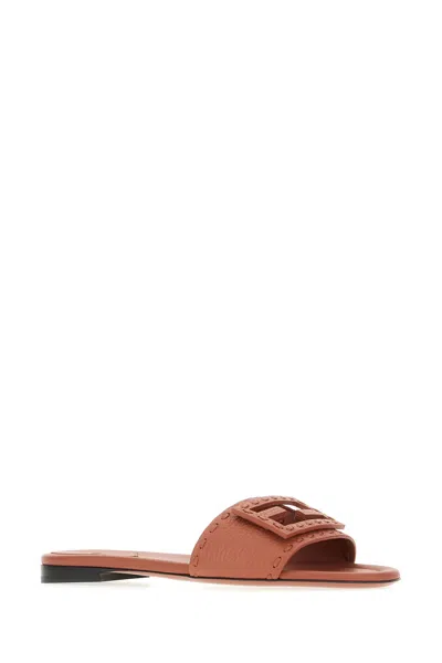 Fendi Baguette Leather Slides With Macro Selleria Topstitches In Brown