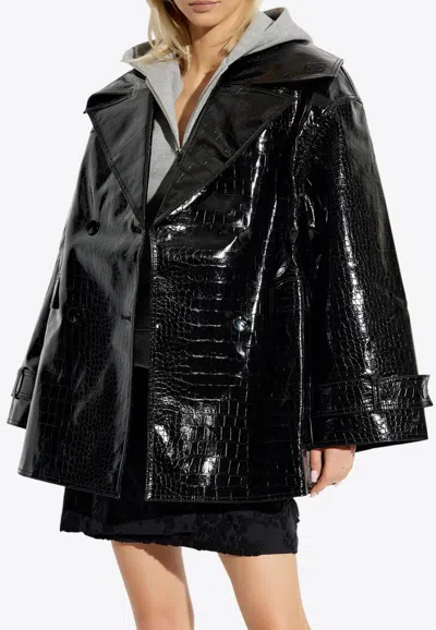 Ganni Double-breasted Croc-embossed Leather Coat