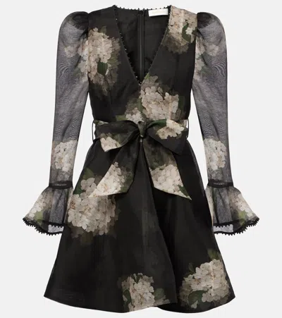 Zimmermann Balance Floral Linen And Silk Minidress In Black