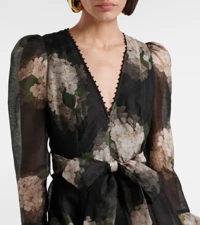 Zimmermann Balance Floral Linen And Silk Minidress In Black