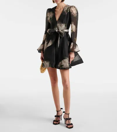Zimmermann Balance Floral Linen And Silk Minidress In Black