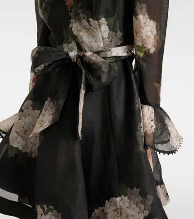 Zimmermann Balance Floral Linen And Silk Minidress In Black