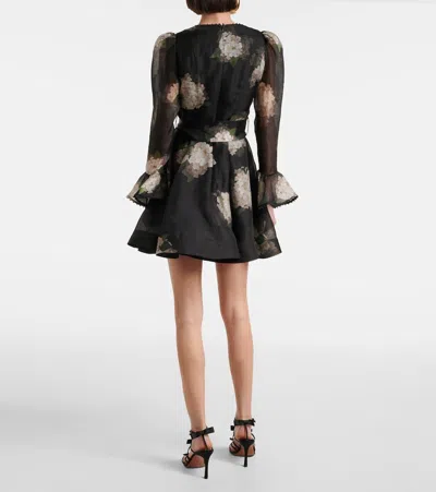 Zimmermann Balance Floral Linen And Silk Minidress In Black