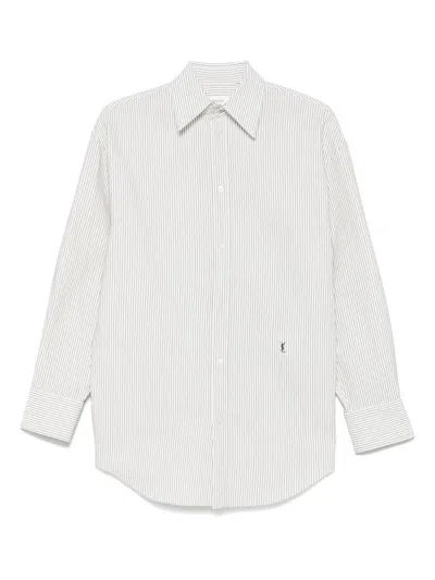 Saint Laurent Grey Shirt With Cassandre Embroidery And All-over Striped Motif In Cotton Woman In White