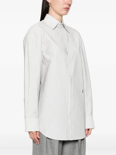 Saint Laurent Grey Shirt With Cassandre Embroidery And All-over Striped Motif In Cotton Woman In White