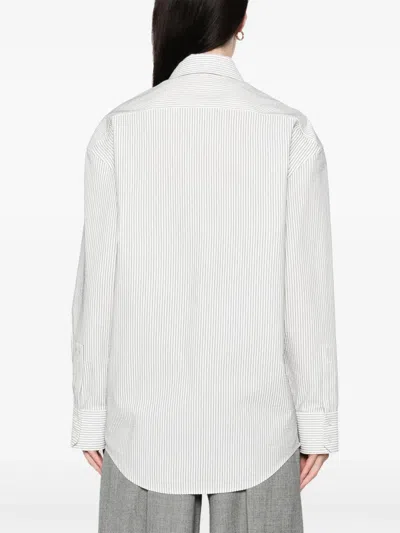 Saint Laurent Grey Shirt With Cassandre Embroidery And All-over Striped Motif In Cotton Woman In White