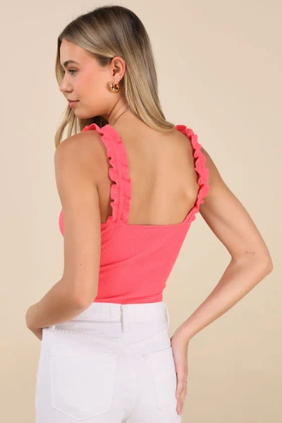 Lulus Musing About You Coral Ribbed Ruffle Strap Bodysuit