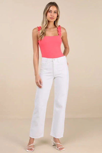 Lulus Musing About You Coral Ribbed Ruffle Strap Bodysuit