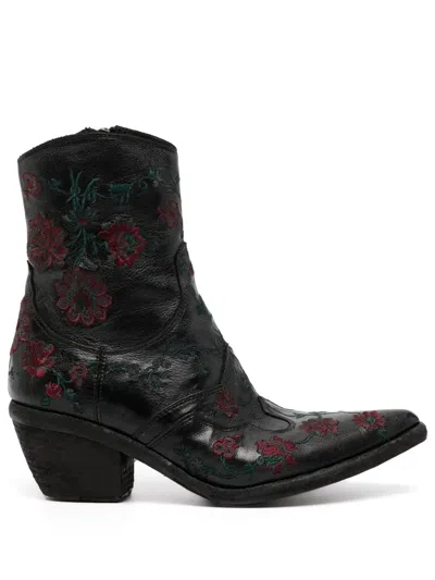Fauzian Jeunesse Floral-embroidered Ankle Boots In Black