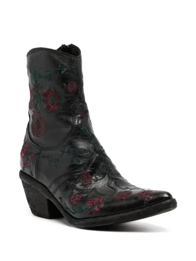 Fauzian Jeunesse Floral-embroidered Ankle Boots In Black