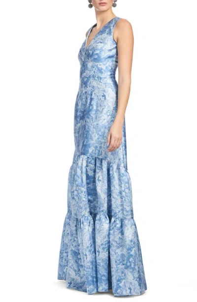 Sachin & Babi Rori Floral Sleeveless Tiered Mikado Gown In Blue