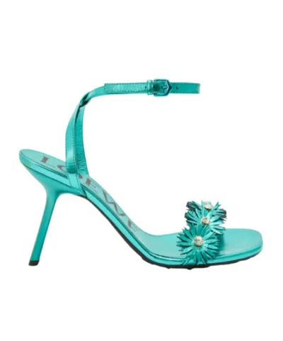 Loewe X Paula's Ibiza Calfskin Flower Heeled Sandals 90 In Blue