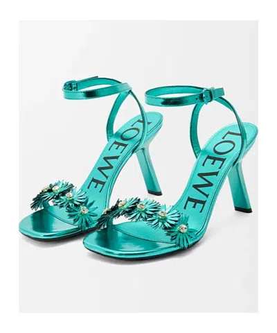 Loewe X Paula's Ibiza Calfskin Flower Heeled Sandals 90 In Blue