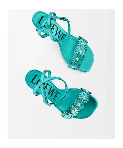 Loewe X Paula's Ibiza Calfskin Flower Heeled Sandals 90 In Blue
