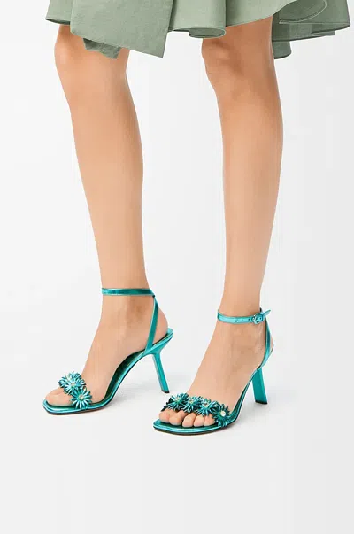 Loewe X Paula's Ibiza Calfskin Flower Heeled Sandals 90 In Blue