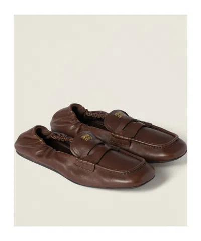 Miu Miu Women Ruches Leather Loafers With Lettering Logo In Multi