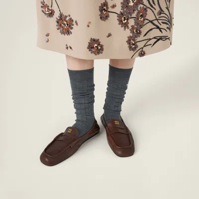 Miu Miu Women Ruches Leather Loafers With Lettering Logo In Multi