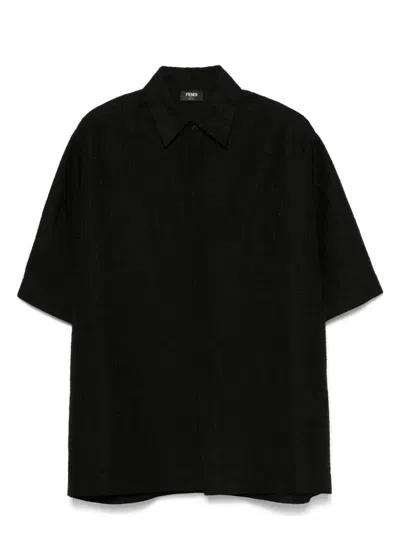 Fendi Men Black Oversize Shirt With Short Wide Sleeves And All-over Ff Embroidery In Linen Blend Man