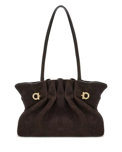 Ferragamo Suede Pleated Shoulder Bag With Metal Hardware