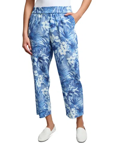 Jones New York Tropical Print Linen Blend Crop Pull-on Pants In Blue