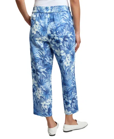 Jones New York Tropical Print Linen Blend Crop Pull-on Pants In Blue