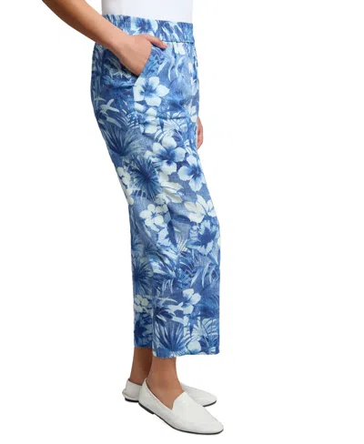 Jones New York Tropical Print Linen Blend Crop Pull-on Pants In Blue