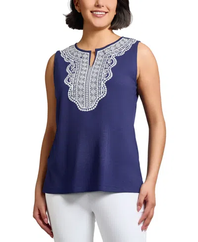 Jones New York Embroidered Sleeveless Top In Blue