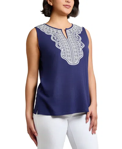 Jones New York Embroidered Sleeveless Top In Blue