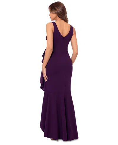 Betsy & Adam V-neck Cascade Ruffle High-low Gown In Purple