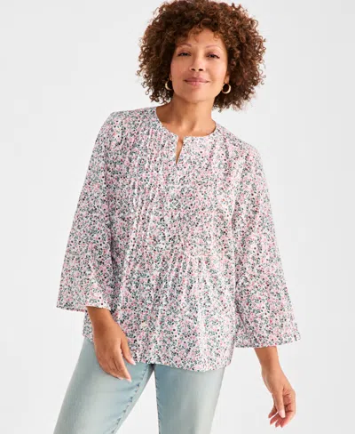 Style & Co Women's Cotton Printed Pintuck Top, Exclusively At Macy's In Multi