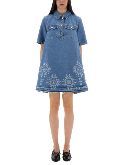 Ganni Denim Dress With Embroidered Hem And Pockets In Blue
