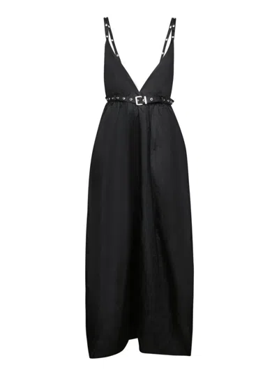 Ganni Black Long Dress With A V-neck Embellished With Studs In Black