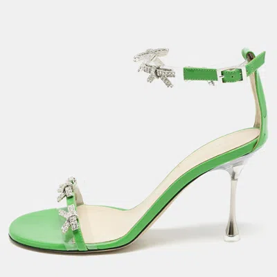 Pre-owned Mach&mach Green Patent Leather And Pvc Floating Crystal Bow Sandals Size 38