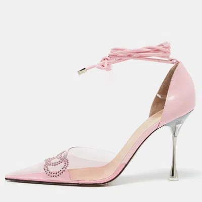 Pre-owned Mach&mach Pink Leather And Pvc Crystal Embellished Bow Ankle Wrap Sandals Size 40