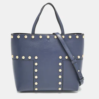 Pre-owned Tory Burch Navy Blue Leather Mini Block-t Stud Tote