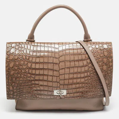 Pre-owned Givenchy Brown/taupe Croc Embossed Leather And Suede Shark Lock Top Handle Bag