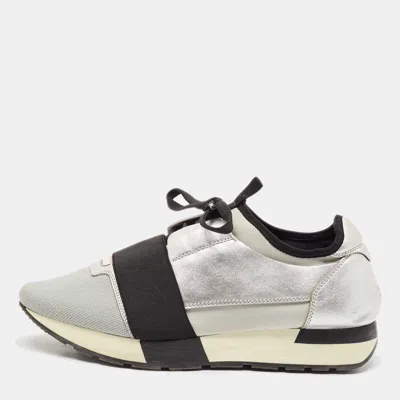 Pre-owned Balenciaga Silver Leather And Knit Fabric Race Runner Low Top Sneakers Size 39
