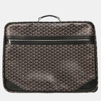 Pre-owned Goyard Black Leather And Canvas Rolling Trunk Suitcase Bag